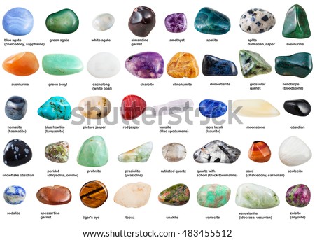 Collection Various Tumbled Gemstones Names Isolated Stock Photo ...