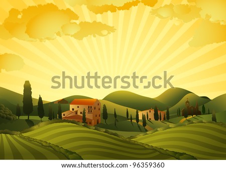 Rural landscape with fields and hills