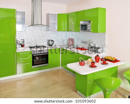 Modern Kitchen Green red kitchen interior stock photos, royalty-free images & vectors Modern Kitchen Green red kitchen interior stock photos, royalty-free images & vectors