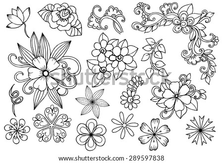 Vector Set White Black Flowers Doodle Stock Vector 289597838 - Shutterstock