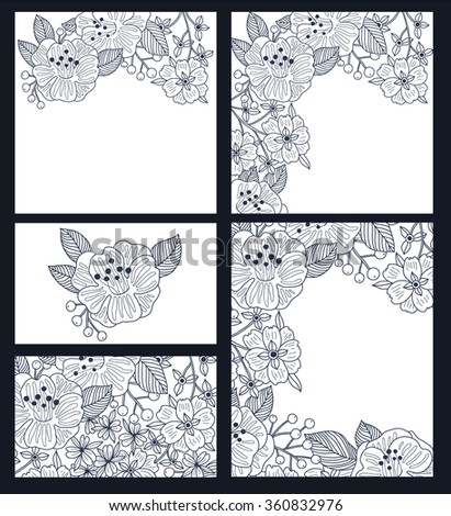 vector set of vintage floral cards with linear hand drawn blooms.