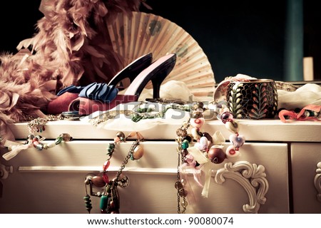 woman's dressing table with lot of fashion accessories