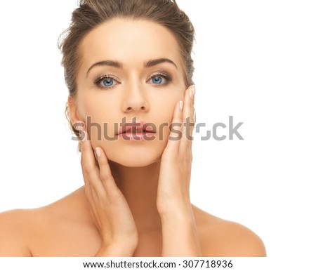 health and beauty concept - face and hands of beautiful woman with updo (can be used as a template for jewelry)
