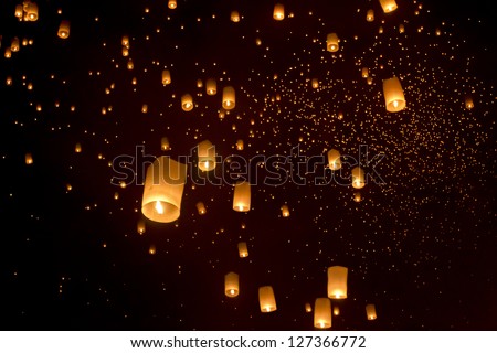 Floating asian lanterns in Yee-Peng festival ,Chiang Mai Thailand