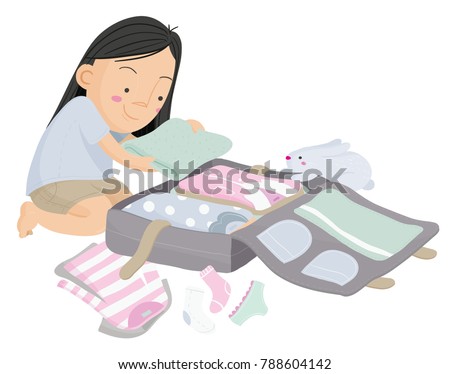 Vector Cartoon Illustration Of Young Girl Getting Ready To Travel And Packing Clothes In A Suitcase Vector Cartoon Illustration Of Young Girl Getting Ready To Travel And Packing Clothes In A Suitcase