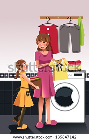 A vector illustration of daughter helping her mother doing laundry