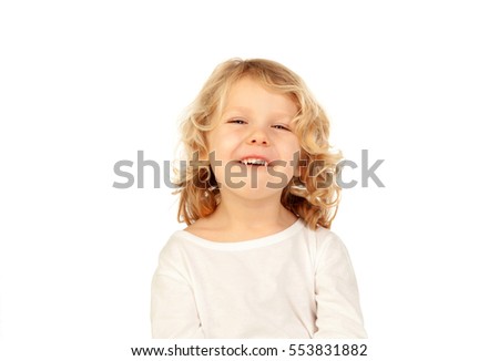 Happy small blond kid isolated on a white background