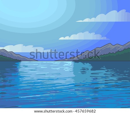 Moonlight Night landscape lake. Vector Illustration.