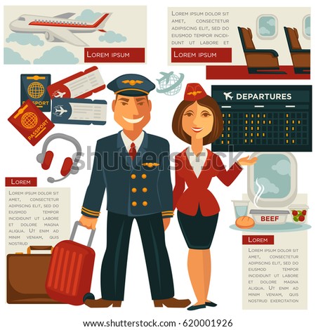 Air travel and aircraft staff or vector cabin crew occupation