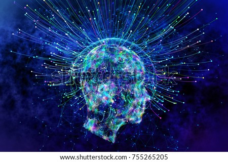 Abstract glowing polygonal head background with neurons. Artificial intelligence and idea concept. 3D Rendering