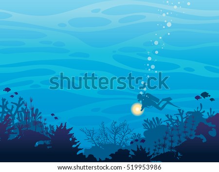 Silhouette of coral reef with fish and scuba diver on a blue sea background. Underwater marine wildlife. Nature vector illustration.