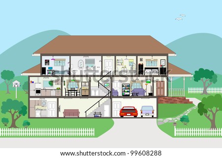 Large Detailed Modern House Interior Cutaway Stock Vector 99608288 ...