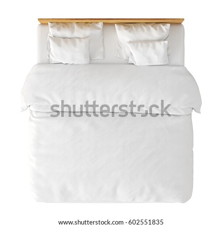 wooden double bed with white linen isolated on background include clipping path 3d view preview top view d20 top
