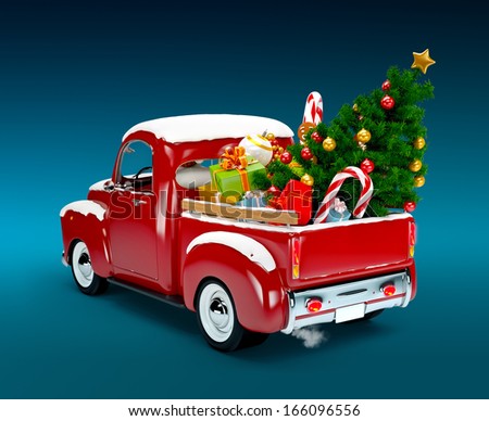 Christmas background. Pickup with christmas tree and gifts. Merry ...
