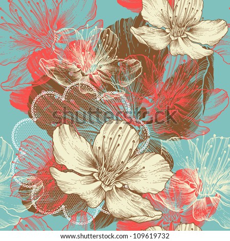 Seamless floral background with flowers apple, hand drawing, vector.