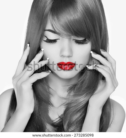 Red lips beauty fashion woman portrait eyelashas and long hair black and white Red lips beauty fashion woman portrait eyelashas and long hair black and white