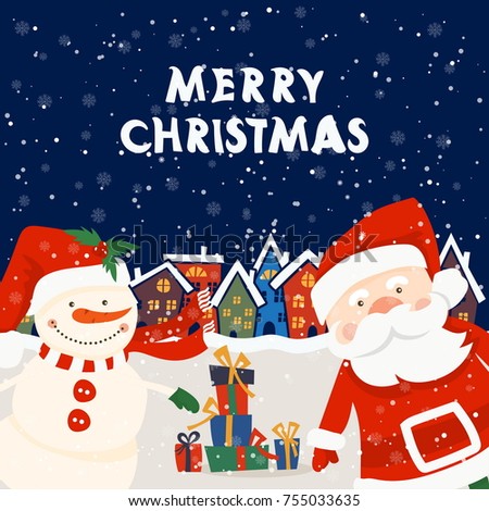 cartoon illustration for holiday theme with santa claus and snowman on winter background greeting card - Snowman Santa cartoon illustration for holiday theme with santa claus and snowman on winter background greeting card - Snowman Santa