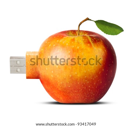 apple with usb flash card connector - new technology concept, isolated over white background