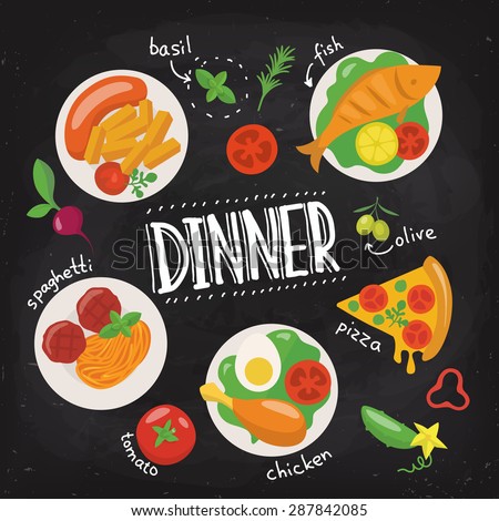 Chalkboard Food Poster Dinner Poster Flat Stock Vector 