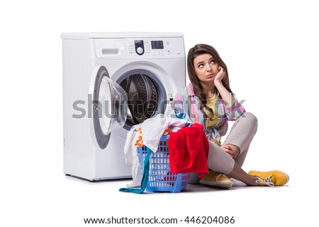 Woman tired after doing laundry isolated on white