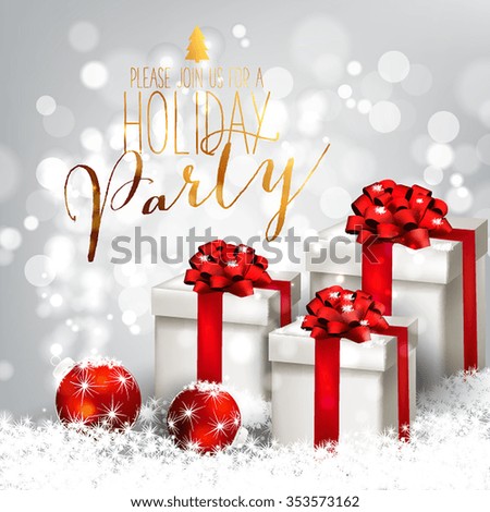 Merry Christmas and Happy New Year Card with gift box. Christmas Party Invitation