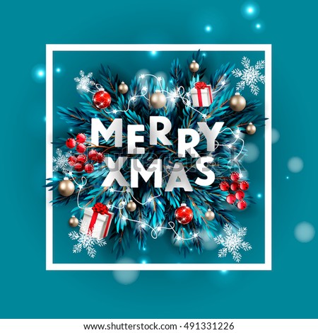 Merry Christmas party invitation and Happy New Year Party Invitation Card Christmas Party poster Holiday design template Christmas decoration fir tree, Pine Branches snowflake, gift box, lights, balls