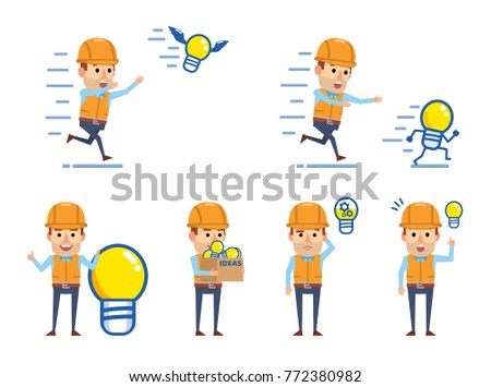 Cheerful construction workers posing with idea light bulb. Funny worker holding box full of idea light bulbs, running and showing other actions. Flat style vector illustration