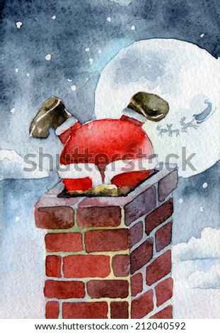 Merry Christmas card. Santa Claus stuck in the chimney. Watercolor illustrations