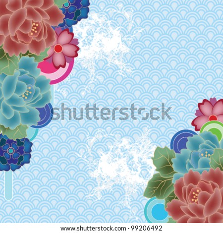 Eps 10 vector - oriental seascape with peony, stylized waves and space for text