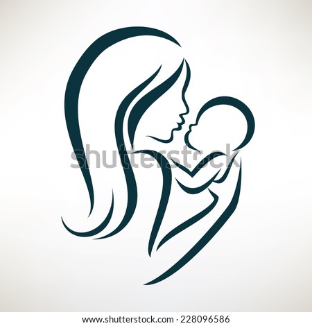 mom and baby stylized vector symbol, outlined sketch