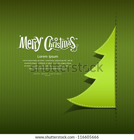 Merry Christmas ribbon paper green tree design greeting card, vector illustration