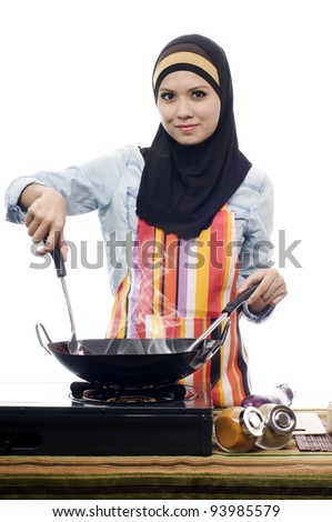 Beautiful Young Asian Muslim Woman Cooking Stock Photo 95449021 ...