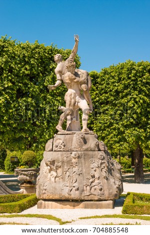 Sculpture of Hades abducting Persephone in Marabellgarten (Mirabell Gardens), Salzburg, Austria.  Rape of Persephone (Proserpina) is a classical mythological subject in Western art.