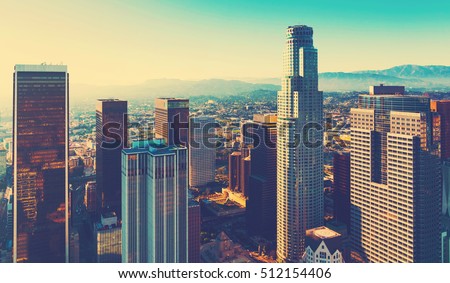 Aerial view of a Downtown Los Angeles at sunset
