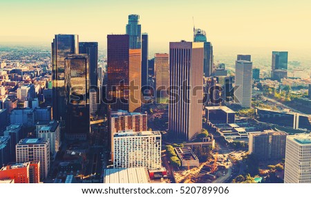 Aerial view of a Downtown Los Angeles at sunset