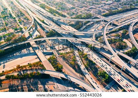 Aerial view of a massive highway intersection in Los Angeles