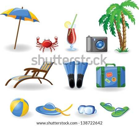 Travel icons, palm, ball, lounge, umbrella, flip-flops, flippers and suitcase