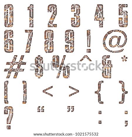 Polished Rustic Wood Style Shattered Broken Font Full Numbers Signs And Symbols Set In A Polished Rustic Wood Style Shattered Broken Font Full Numbers Signs And Symbols Set In A