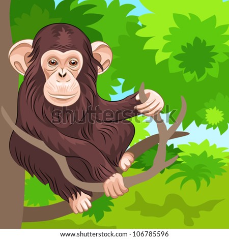 vector funny monkey chimp sitting on the branches of a tree in the ...