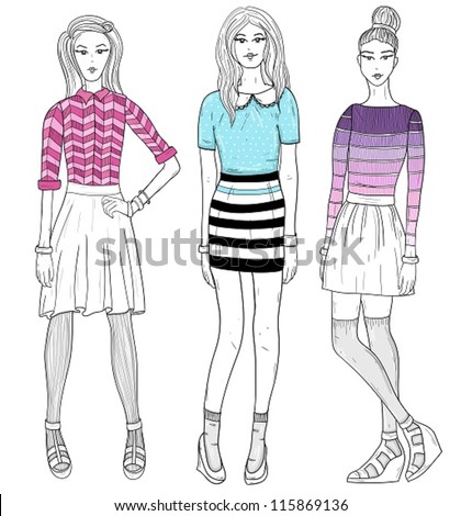 Young Fashion Girls Illustration Vector Illustration Stock Vector ...