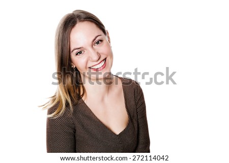 Beautiful smiling woman of average years isolated on white. Close-up ...