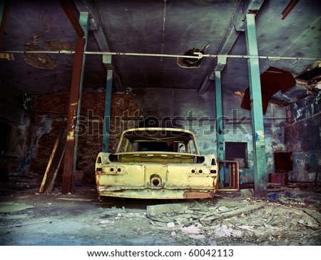 Old Ruined Garage Interior With Car Old Ruined Garage Interior With Car