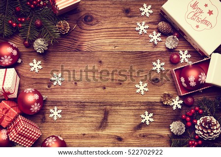 Christmas Decorations On A Rustic Wood Background Vintage Retro Style Christmas Decorations On A Rustic Wood Background Vintage Retro Style