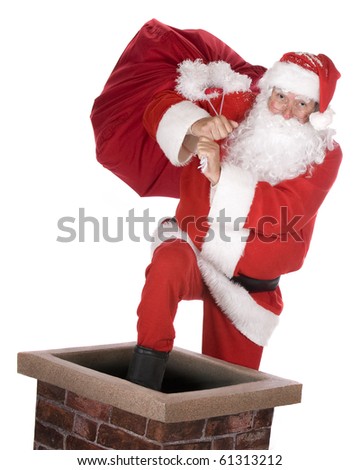 Santa Claus stepping into a chimney with his sack. Isolated on white.
