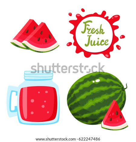 Vector set of natural fresh watermelon juice in bank and watermelons isolated on white in cartoon style. Healthy organic fruit drink and speech bubbles with handwritten lettering
