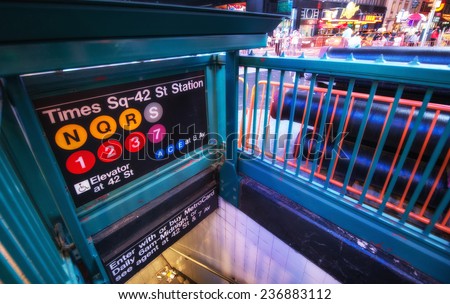 Times Square Entrance subway station at night - New York City.