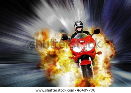 Hero on motorbike escapes explosion with blurred background, comic style edit