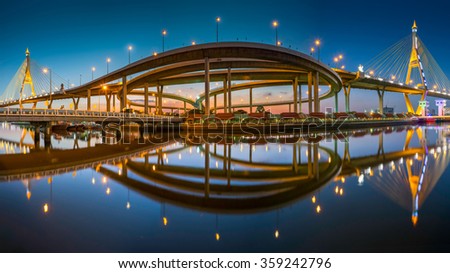 The Industrial Ring Bridge or Mega Bridge,at dusk in Thailand.The bridge located at Bangkok harbor.