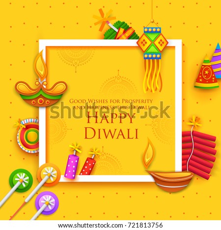 illustration of burning diya and firecracker on Happy Diwali Holiday background for light festival of India