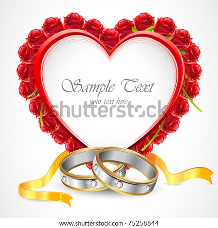 illustration of pair of engagement rings with rose around on abstract background